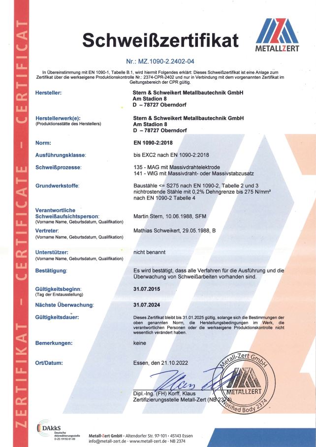 Stern und Schweikert Metallbau GmbH Oberndorf Zertifikat